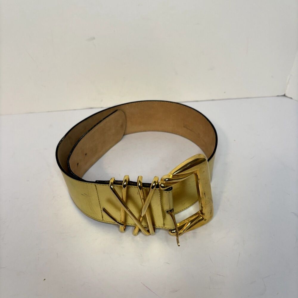 Roberto Valera Design Wide Metallic Gold Leather Belt Statement Buckle Womens - Picture 2 of 7